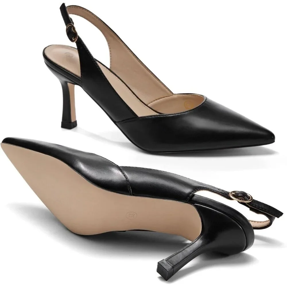 Women's Black PU Kitten Heels Closed Pointed Toe Wedding Party Dress Pumps